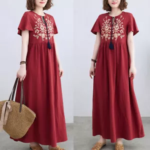 Ladies Short Sleeve Embroidered Floral Pleated Maxi A-line Cocktail Dress Retro - Picture 1 of 16