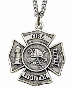 Men's Sterling Silver Fire Fighter Shield Medal Cross Philippians 4:13 Necklace - Picture 1 of 4