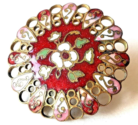 Antique Button...Maroon & Pink Enamel with Teardrop Border….1&3/16" Cover