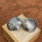 Estate Sterling Silver Antiqued Shell Shape Corrugate Fan Post Earrings