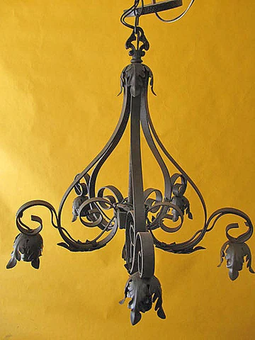VINTAGE SPANISH REVIVAL 5 LIGHT IRON CHANDELIER 1930'S WIRED READY TO INSTALL Cover