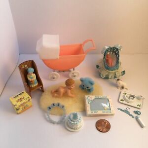 Dollhouse Miniature blue Nursery, 1:12 scale Baby Carriage, signed chair, toys