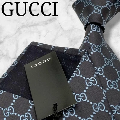 古驰全新未使用领带宽海军蓝浅蓝色 GG 格子 100% 丝绸意大利制造 — 第 1/4 张图片