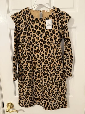 J. Crew Crewcuts Vestido de forro polar con hombros y volantes para niñas con corazón de leopardo NWT Talla 10 Foto 1 de 3