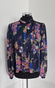 Jigsaw floral blouse size 12 pleated high neck multicoloured balloon sleeve  - Picture 1 of 8