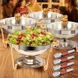 4 Pack 5QT Round Stainless Steel Chafing Dishes Buffet Complete Set - Heating... - Picture 1 of 7