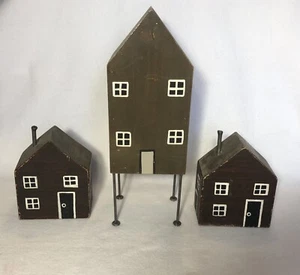 Vtg 3 Handmade Folk Art Wood Block Houses 14.5" Tall Primitive Country Art Cabin - Picture 1 of 23