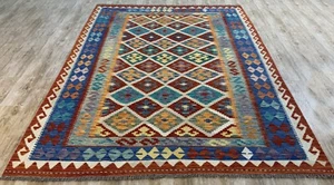 Alfombra Kilim de lana genuina moderna afgana/turca hecha a mano, tamaño 237x186 CM - Imagen 1 de 9