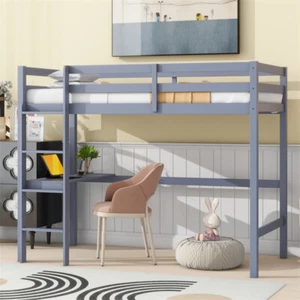 Twin Size Loft Bed Rubber Wood Bed Frame with Built-in Desk and Ladder Gray - Picture 1 of 17