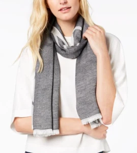 Calvin Klein Geometric Border-Stripe Scarf - Black/Grey - One Size - S438 - Picture 1 of 4