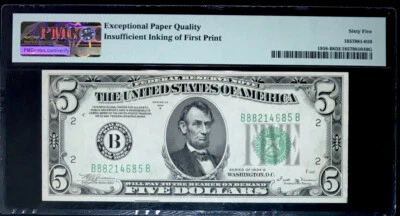 2 OF 2 Consec. 1934B $5 Federal Reserve Note- Insufficient Ink Error- PMG#65-Unc - Image 1 of 2