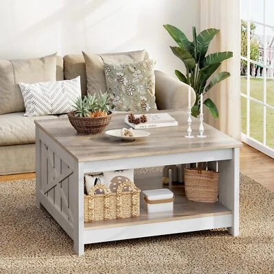 Square Coffee Table with 2-Tier Storage Farmhouse Cocktail Table for Living Room - Image 1 of 4