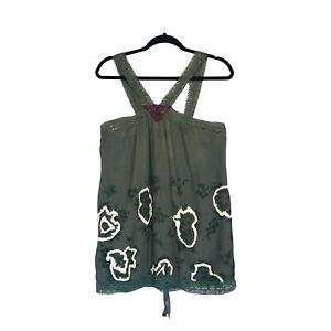 Free People Women's Batik Tie Dye Halter Top Size 12 Green Lace Strap Hem Boho