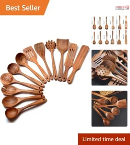 12-Piece Wooden Spoon Set Teak Utensils Heat Resistant for Cooking Kitchen Use - Picture 1 of 9