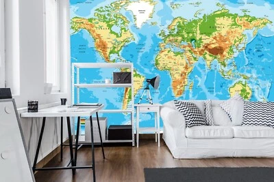 MURAL DE PARED GIGANTE MAPA AZUL DEL MUNDO 312x219cm papel pintado dormitorio decoración del hogar Foto 1 de 4