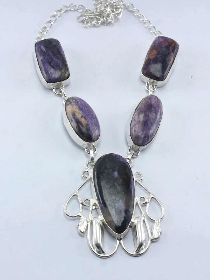 925 Sterling Silver Charoite Gemstone Beautiful Cable Chain Necklace Jewelry - Image 1 of 4