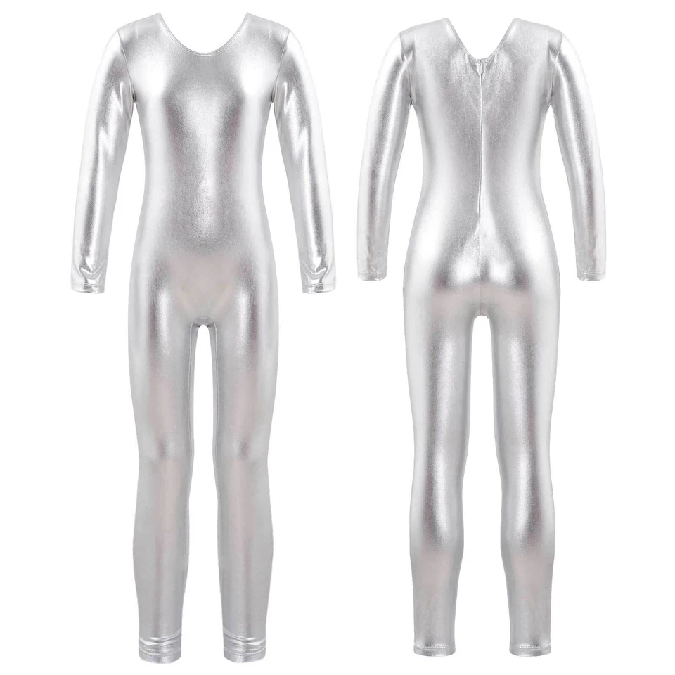 Girls Shiny Metallic Unitard Long Sleeve Ballet Dance Gymnastic Leotard Bodysuit - Image 1 of 1
