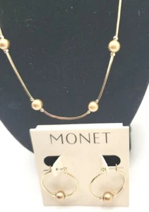 Monet Gold Tone Beaded NeckLace & Pireced Earring 3pc Set. Beautiful. @RK - Picture 1 of 6