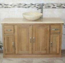 Oak Bathroom Single Vanity Unit 123cm wide with Cream Marble Top & Basin Set 402