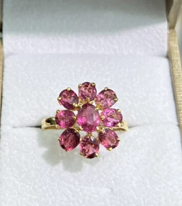 14k Solid Yellow Gold Cluster Flower Ring, Natural Pink Tourmaline. Sz 8.25 - Picture 1 of 7