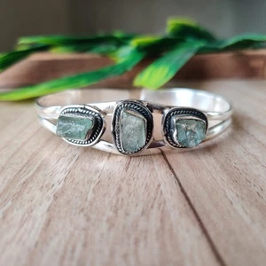 Brazalete de piedras preciosas de aguamarina natural hecho a mano de plata de ley 925 PG7858 - Imagen 1 de 6