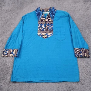 Vintage 70s Penneys Hawaiian Shirt Blue Barkcloth 3/4 Sleeve Aloha Boho Large - Picture 1 of 17