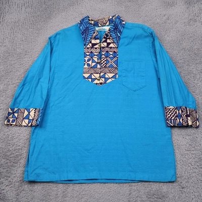 Vintage 70s Penneys Hawaiian Shirt Blue Barkcloth 3/4 Sleeve Aloha Boho Large - Image 1 of 4