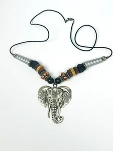 Large Statement Elephant Head Silver tone Beaded Leather Necklace - Picture 1 of 16