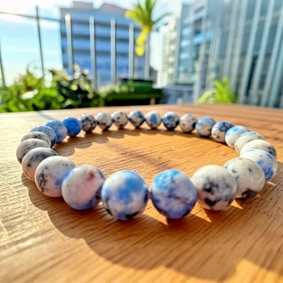 Pulsera elástica unisex con cuentas de piedras preciosas de jaspe y azurita natural K2 de 8 mm Foto 1 de 4
