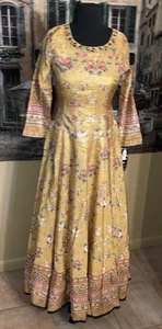 NWT Kalki Fashion Flared Kurti Mustard Yellow Tiered Dress Silk Bandhani 10 - Picture 1 of 13