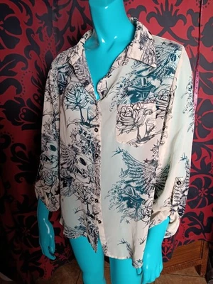 Blusa Vintage Rue 21 L Blanca Manga Larga Calaveras Alas Tatuaje Encaje Transparente Y2k Años 90 Foto 1 de 4