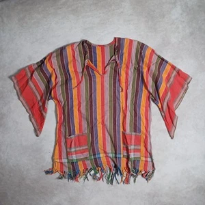 Striped Hippie Poncho Top M L Boho Festival Tassel Fringe Oversized Gypsy Unisex - Picture 1 of 7