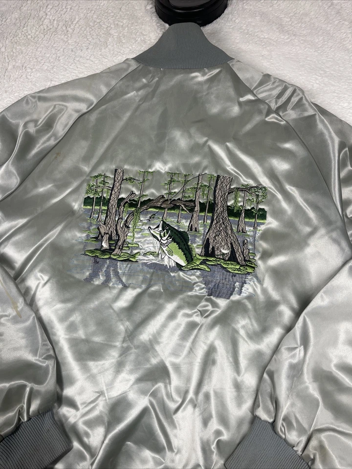 Vintage 90s Embroidered Bass Outdoors Fishing Satin Jacket Men’s Size L USA Made - Image 1 of 4