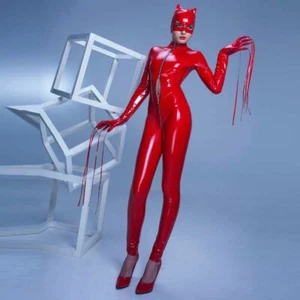 Lady Faux Leather Catsuit Bodysuit Wet Look Bodycon Cosplay Costume Jumpsuit Red - Picture 1 of 8