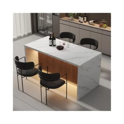 Ilha de cozinha 63" com luzes LED, mesa listrada de mármore para jantar e muito mais - Imagem 1 de 4