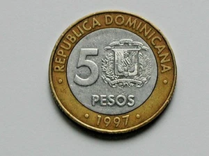 Dominican Republic 1997 5 PESOS Bimetallic Coin & Independence War Hero Sanchez - Picture 1 of 2