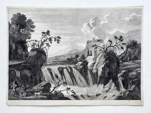 Estampe anonyme du XVIIe, paysage montagneux, cascade et rochers - Bild 1 von 1