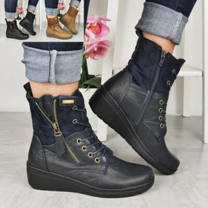 Botas de cuña al tobillo Damas Mujeres Cremallera Invierno Cálidas Forradas Cómodas Agarre Zapatos de encaje Talla - Imagen 1 de 25