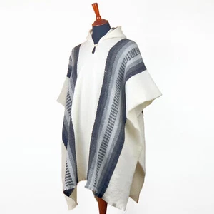 Llama Wool Unisex Mens Womens White Hooded Handmade Poncho Pullover Jacket Cape - Picture 1 of 14