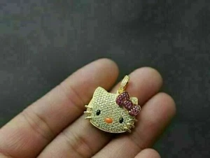 2.00 Ct Round Cut Ruby & Diamond Cute Hello Kitty Pendant 14k Yellow Gold Finish - Picture 1 of 3
