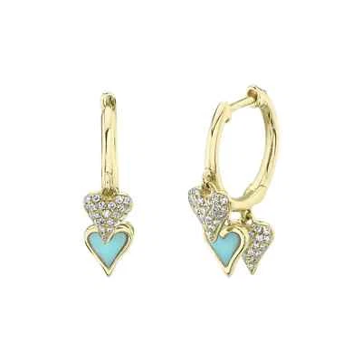 14K Yellow Gold Diamond Turquoise Heart Earrings Huggie Shakers 0.33 CTW - Image 1 of 2