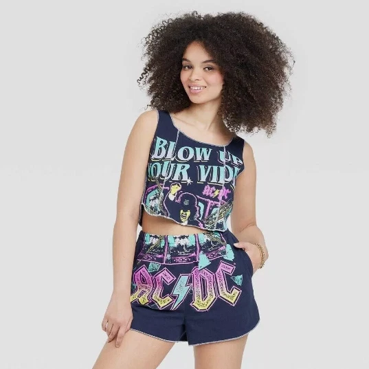 Women's AC/DC Graphic Corset Tank Top - Blue Large