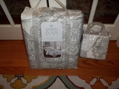 Nuevo en Paquete Sigrid Olsen Hogar Gris Blanco Arena Dólar Completo/Queen Juego de Edredón 3 piezas Foto 1 de 4