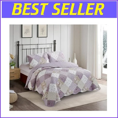 Patchwork Design Lilac Quilt Set - Includes 2 Pillow Shams, Perfect for Queens - Image 1 of 4