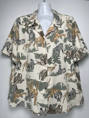 Blusa LIZ BAKER Poliéster Satén Abotonada Safari Novedad Estampado Animal Mujeres 18 Foto 1 de 4