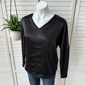 Melissa Nepton Cindy Black Satin V Neck Ribbed Long Sleeve Blouse Top Size S - Picture 1 of 9