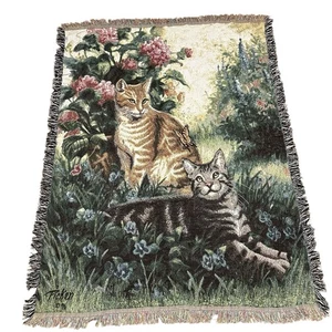 Vintage 1996 große Katze Kätzchen Linda Pickens Blumen Gobelin Überwurf Decke - Bild 1 von 5