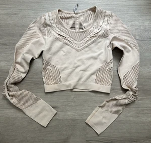 Alo Yoga Damen Medium Sirene Langarm Mesh Crop Top Dusty Pink Nude eng Fehler - Bild 1 von 7