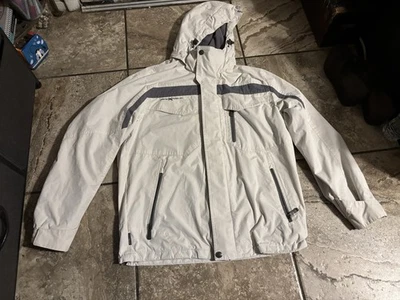 Chaqueta esquí blanca y gris con capucha tiene 2 cremalleras chaqueta enferma #esquí Foto 1 de 4