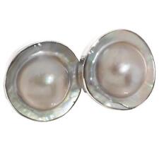925 Silver Oyster Mabe Blister Pearl In Shell Sterling Omega Post Earrings, 7/8"